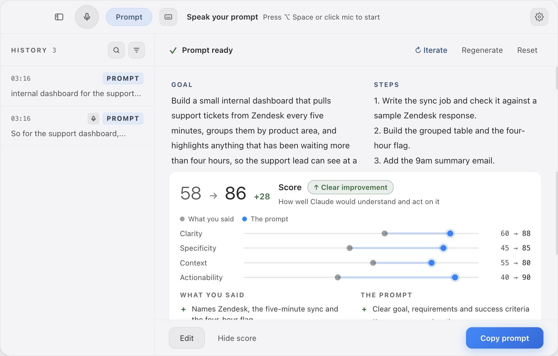 Promptly's window in light mode: the finished prompt, and below it the score panel showing 58 to 86 with bars for Clarity, Specificity, Context and Actionability.